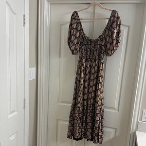 Smocked Puff-Sleeve Midi Dress in Black and Pink